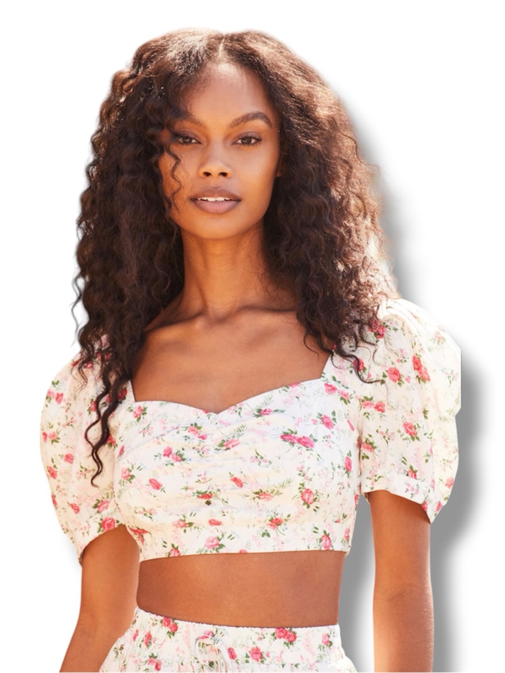 Lulus NWT Cute Factor White Floral Puff Sleeve Crop Top Sweetheart Size XL
